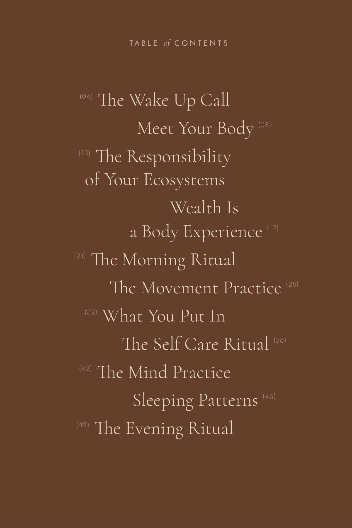 The e-book's table of contents